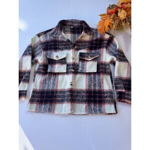 Women's Casual Short Plaid Jacket Autumn Flannel Button Down Jacket‎ Sz M